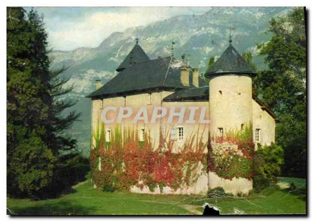 Château de Sonnaz — vue du château avec végétation grimpante et montagnes en arrière-plan — éditeur IMPRIMÉ SUR LA CARTE : Droegen, Imp. Serraillicier, Rapho - 66 - Frente