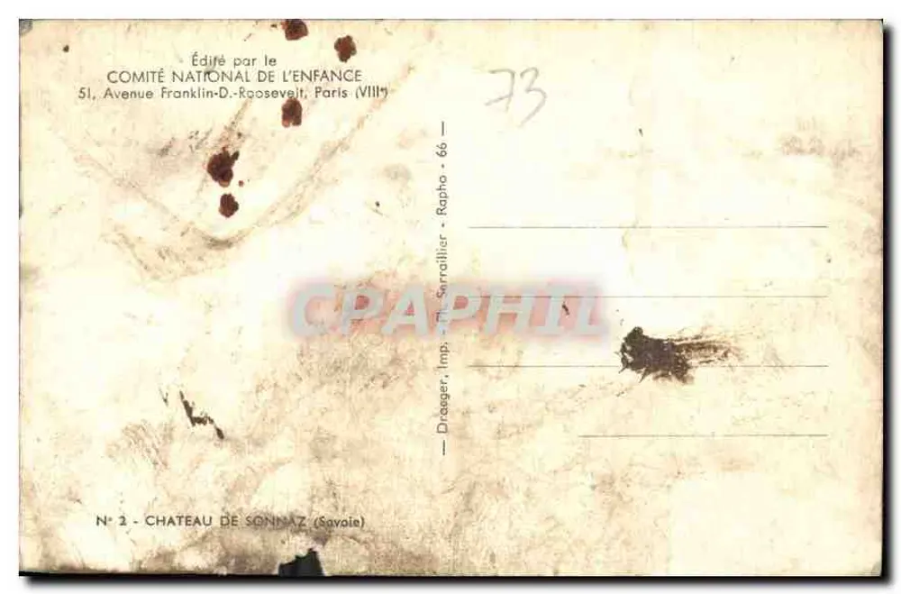 Château de Sonnaz — vue du château avec végétation grimpante et montagnes en arrière-plan — éditeur IMPRIMÉ SUR LA CARTE : Droegen, Imp. Serraillicier, Rapho - 66 - Verso
