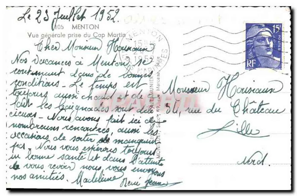 Visão geral tirada do Cap Martin — Menton — editor Munier, n°105 - Verso