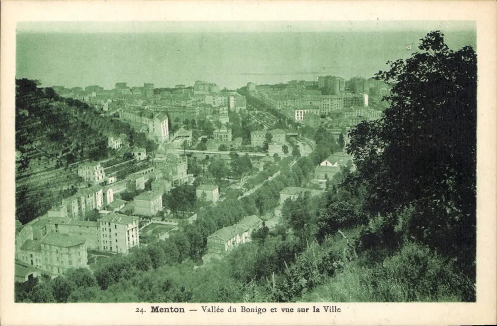 Menton — Tal des Bonigo und Blick auf die Stadt — Verlag Leroux, Menton - Vorderseite