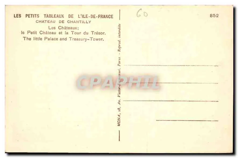 Chantilly — O Pequeno Castelo e a Torre do Tesouro — Mona, n°852 - Verso