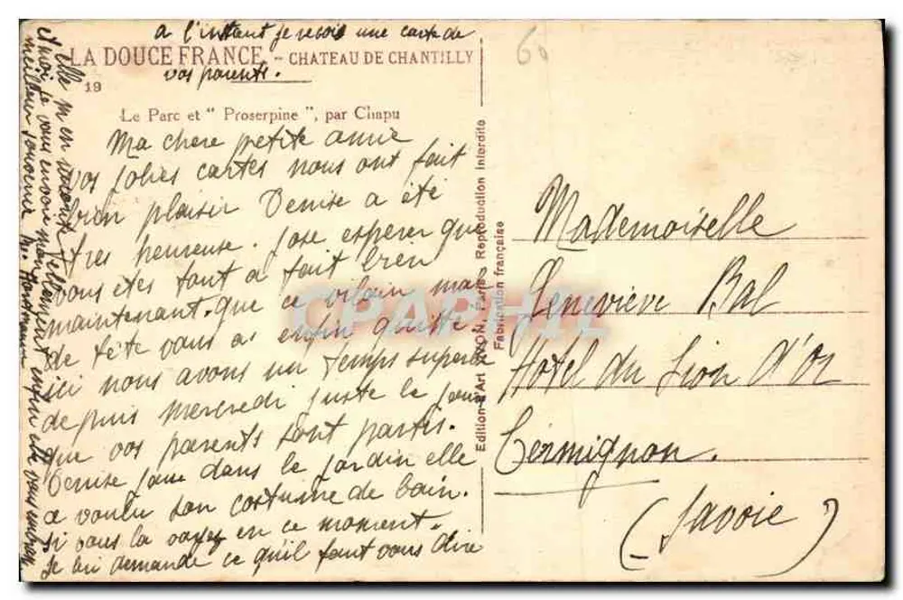 Estátua de Proserpina — Castelo de Chantilly — Edição Art & N. Paris - Verso