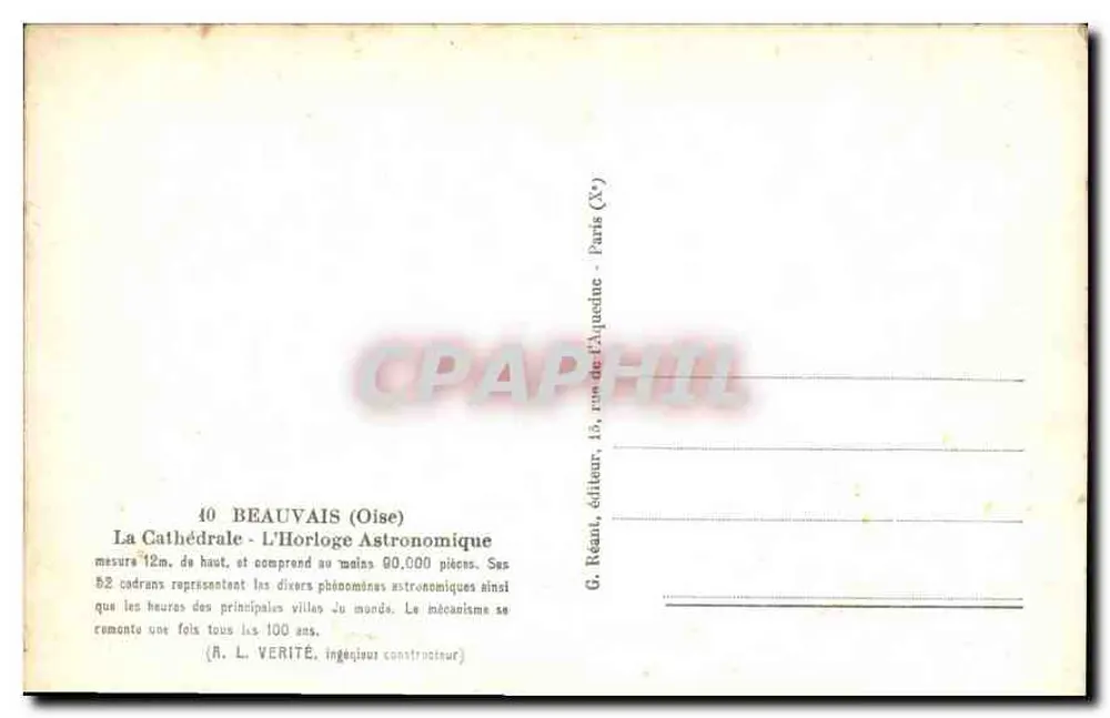 Beauvais - Die astronomische Uhr — Kathedrale — G. Réauté, Verlag, Paris - Rückseite