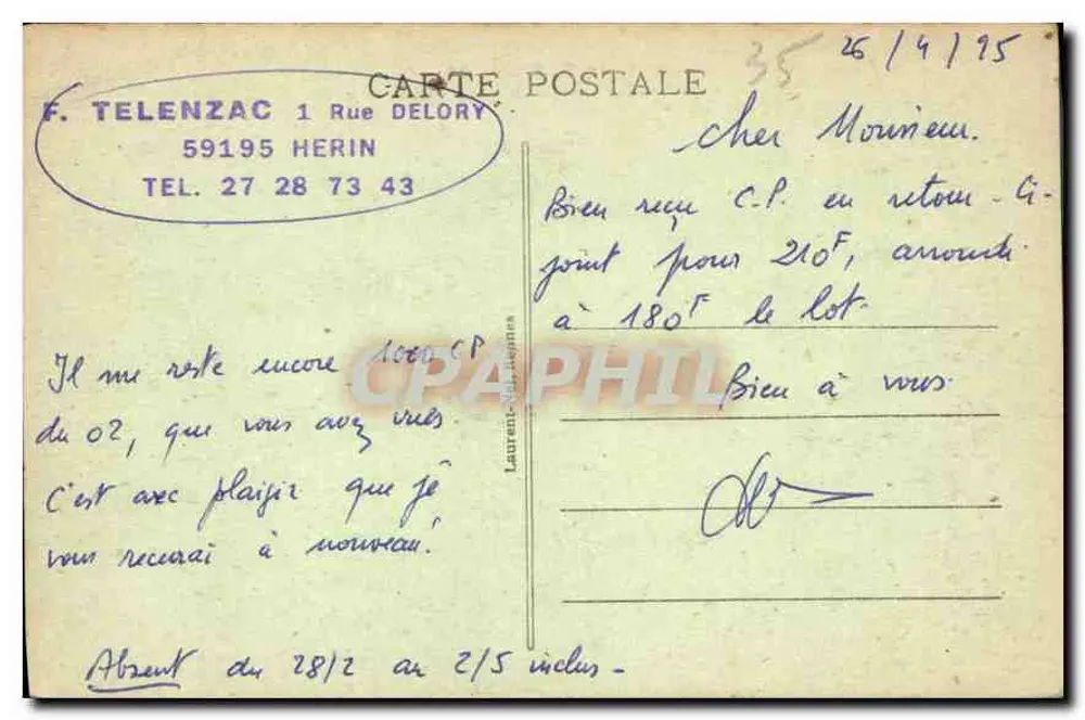 Cancale - La Houle - Vista tirada do Môle — Costa da Esmeralda, editor não identificado, n° 1536 - Verso
