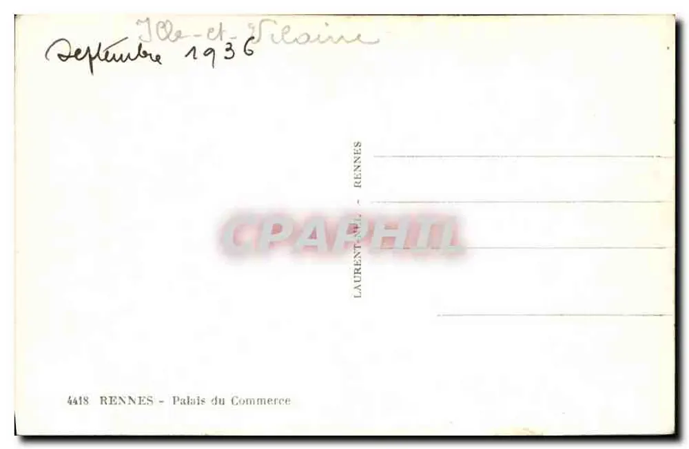 Palácio do Comércio — Rennes — editor Laurent, n° 4418 - Verso