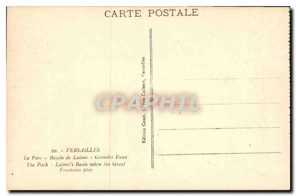 Der Park - Bassin de Latone - Grandes Eaux — Edition Cassé, 9 rue Colbert, Versailles - Rückseite