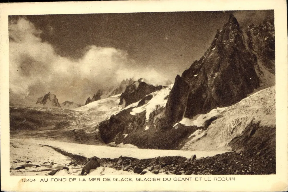 Am unteren Ende der Mer de Glace, Glacier du Géant und der Requin — Vintage Postcard no. 12404 — Imp. Braun & Cie, Chamonix - Vorderseite