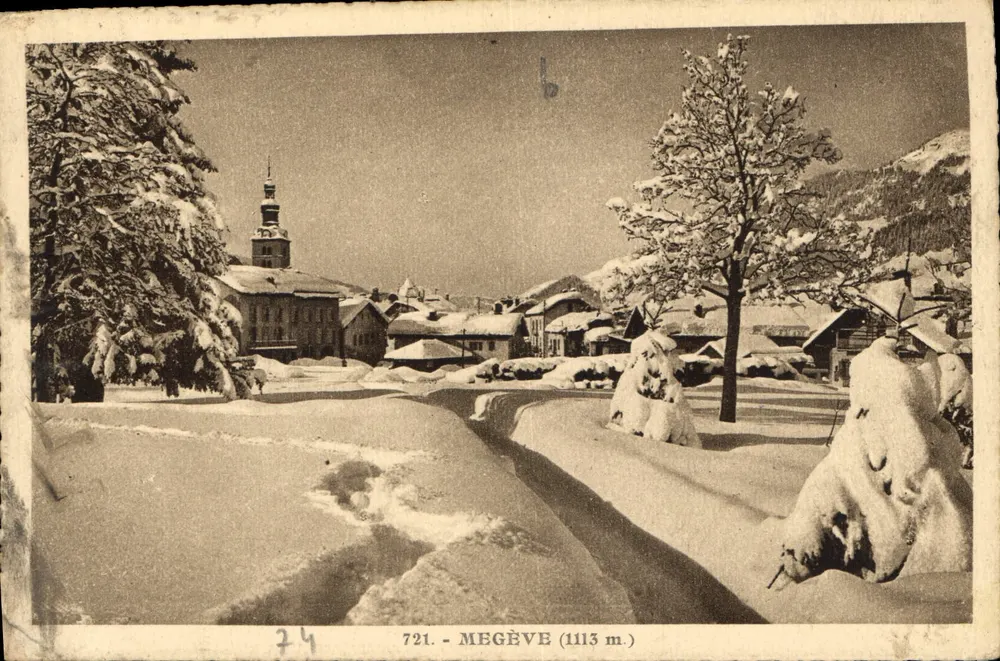 Megève (1113 m.) — vista invernal com igreja e pinheiros nevados — L. Marand, fot.-édit. (Haute-Savoie) n° 721 - Frente
