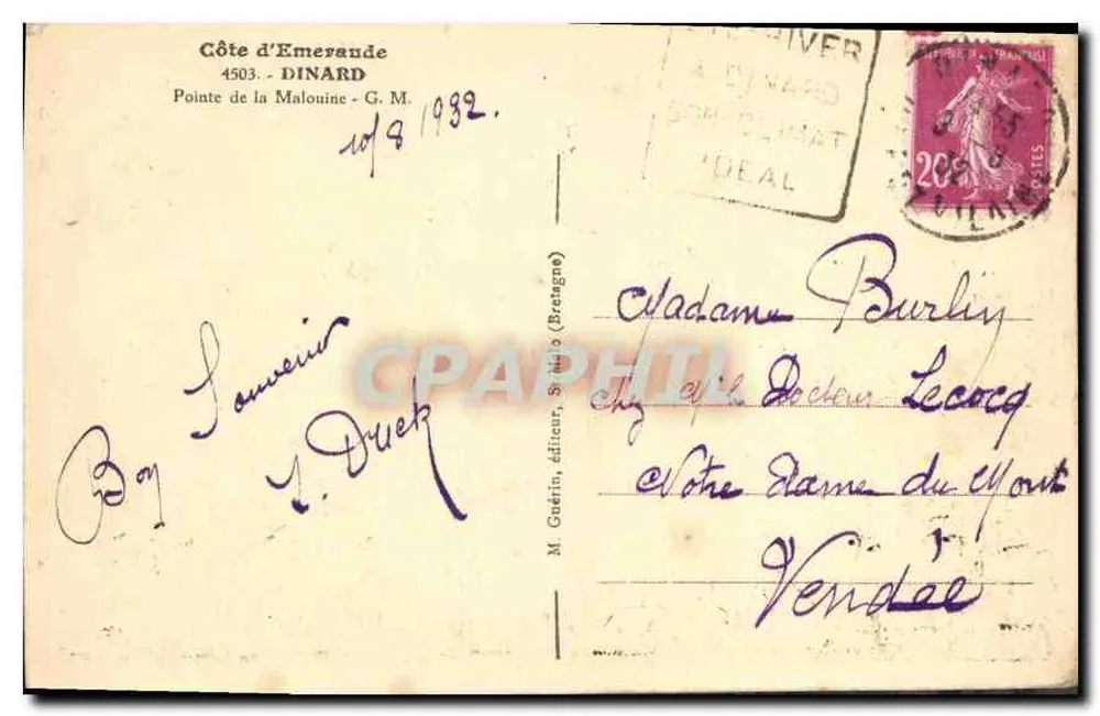 Ponta da Malouine — Dinard — editor M. Goérin, série 4503 - Verso