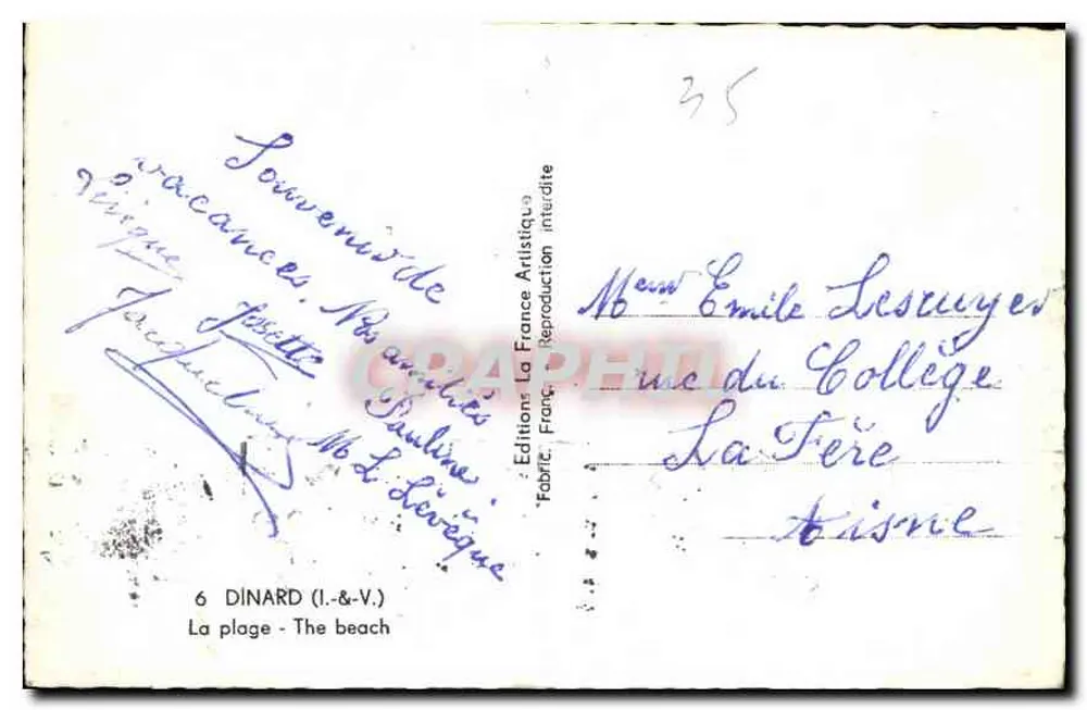 Dinard — A praia — Edições La France Artistique - Verso
