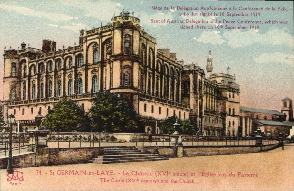 St GERMAIN-en-LAYE - Das Schloss (16. Jahrhundert) und die Kirche vom Parterre gesehen — Imp. phot. 'L'Abbaye' Paris, n° 74 - Vorderseite