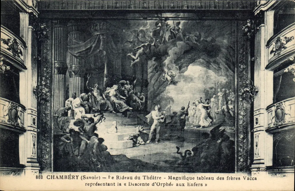 Chambéry (Savoie) — Bühnenvorhang — Majestätisches Gemälde der Brüder Vacca, das die 'Abstieg Orpheus in die Unterwelt' darstellt - Vorderseite