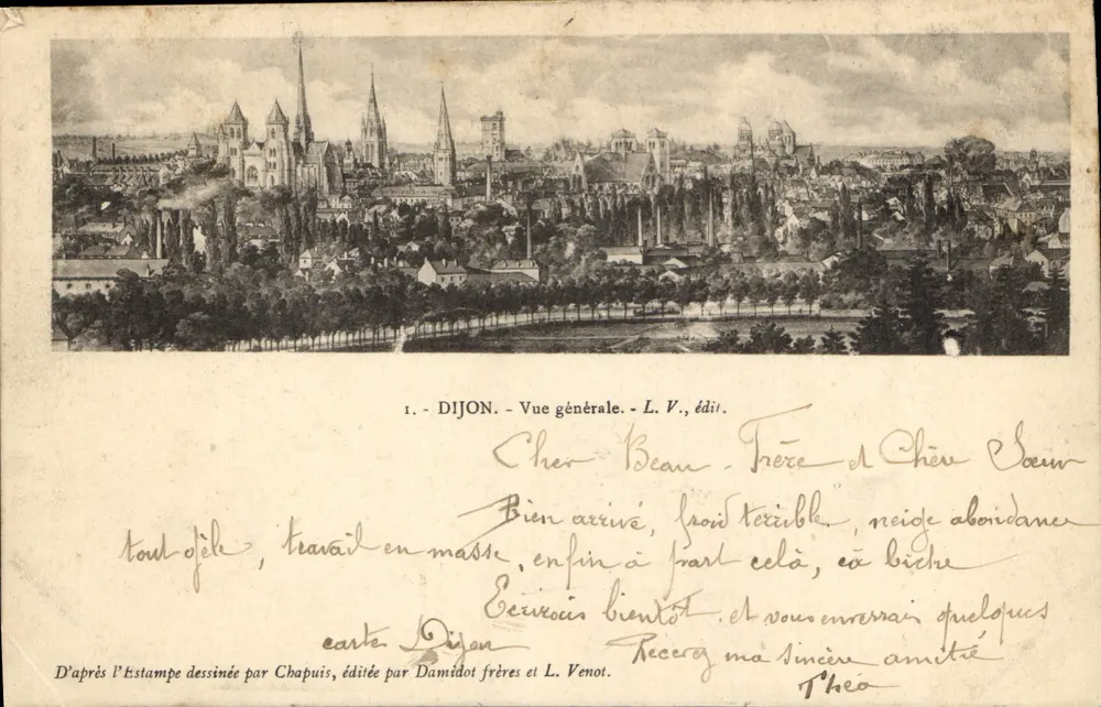 Dijon — Vista geral — edição L.V. / Segundo a gravura desenhada por Chapuis, editada por Damidot frères e L. Venot - Frente