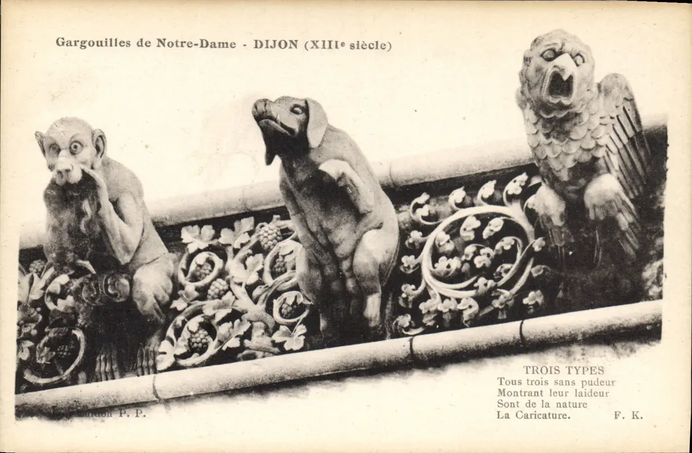 Gargalhas da Catedral de Notre-Dame - DIJON (século XIII) — três tipos de gargalhas escultóricas — editor Lardon P.P. - Frente