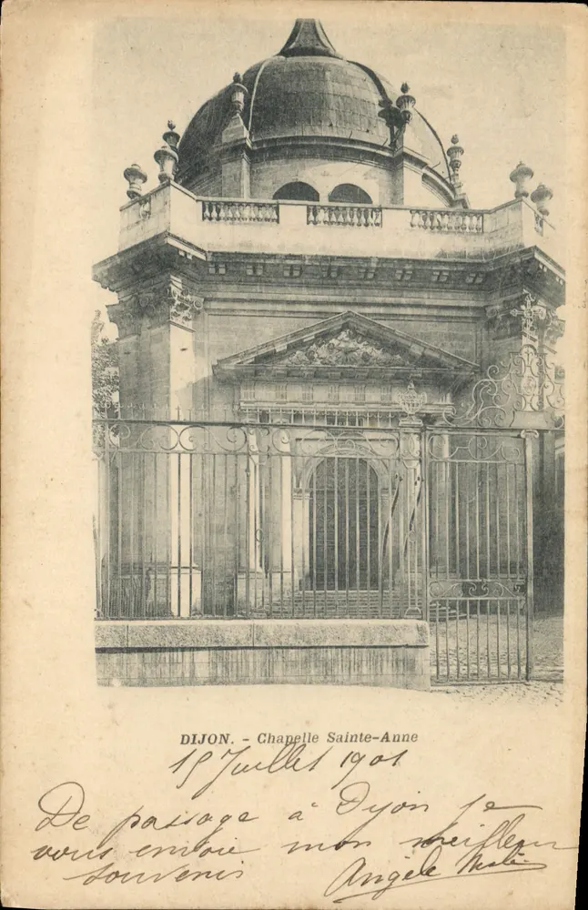 Dijon - Capela Santa Ana — vista da capela com cúpula e grade ornada — editada pela Sociedade das Cartas Postais de Dijon, n° 10 - Frente