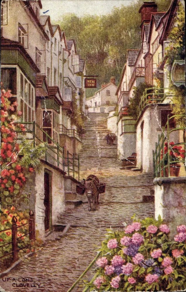 Vista de Clovelly — rua íngreme com a hospedaria 'New Inn' — Série Salmon H - Frente