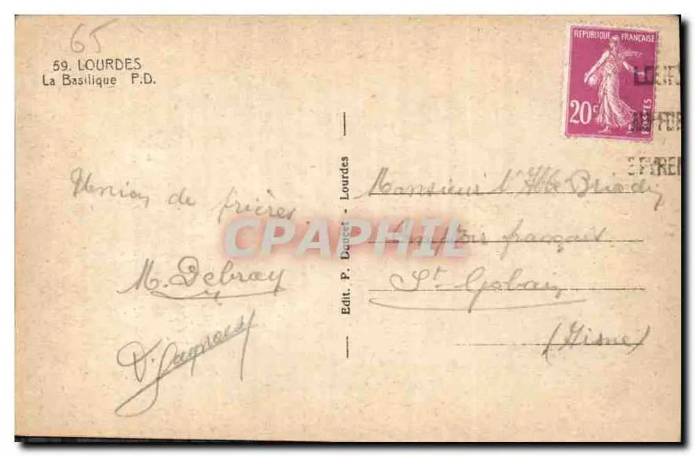Lourdes — A Basílica — Editor P. Doucest, n°65 - Verso