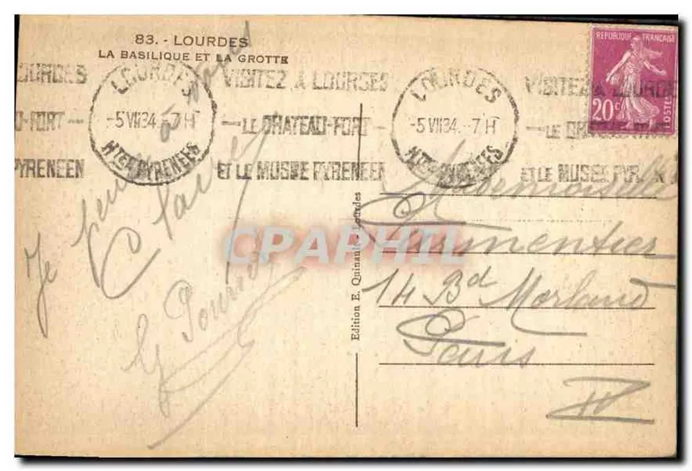 Lourdes — Basílica e Gruta — Edição E. Quinlan Lourdes - Verso