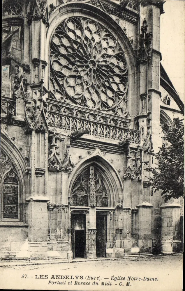 Les Andelys (Eure) — Kirche Notre-Dame. Portal und Südrosenfenster — C. M. - Vorderseite