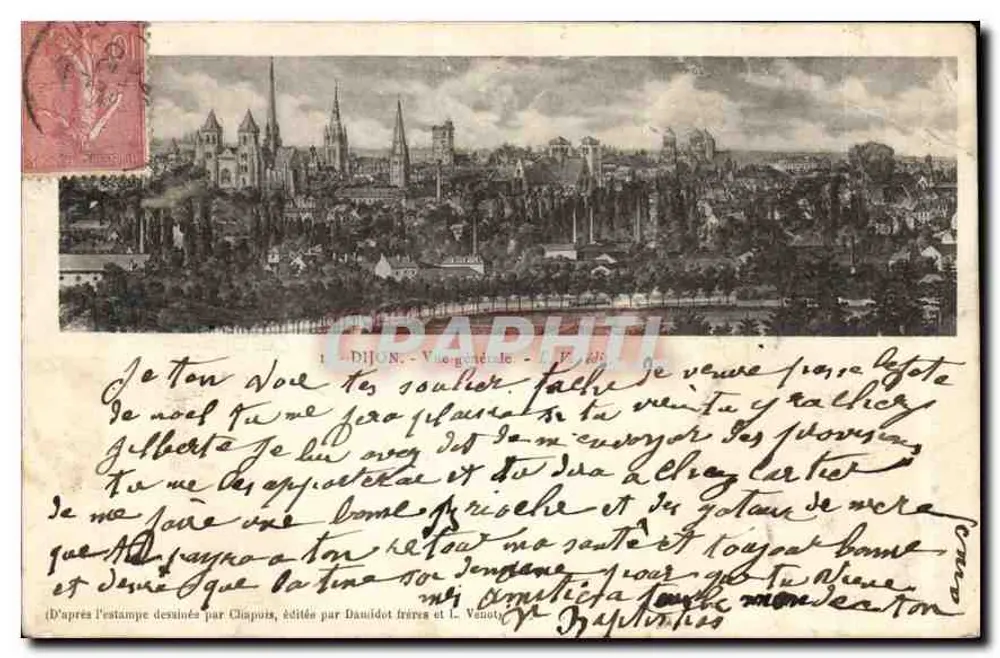 Dijon — Vista geral — D'après a estampa desenhada por Chiapos, editada por Daumidot frères e L. Vautu - Frente