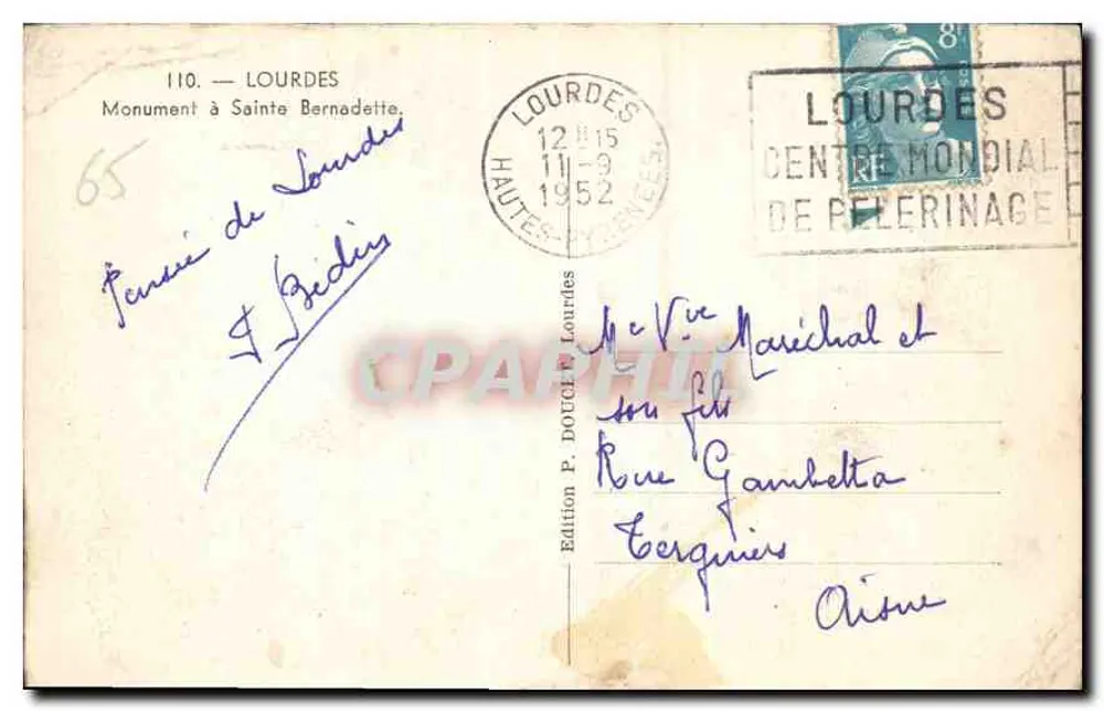 Monumento a Santa Bernadette — Lourdes — Edição P. Doucet - Verso