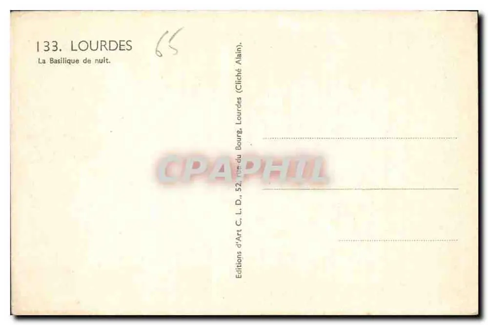 Lourdes — A Basílica à Noite — Edições de Arte C. L. D., 52, rue du Bourg, Lourdes - Verso