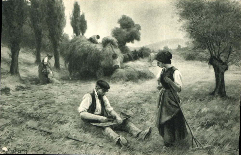 Cena de campo — trabalho nos campos — desenho de Jean Challeignon - Frente