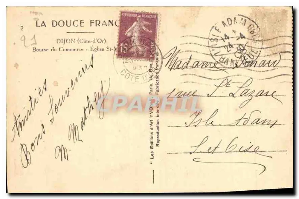 Dijon - Bolsa do Comércio e Igreja de São Martinho — Les Éditions d'Art YVO, Paris - Verso