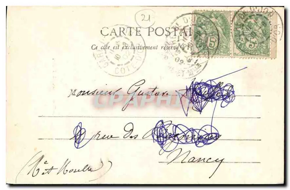 Nancy — carta postal datada por volta de 1902 — editor desconhecido, número de série não visível - Verso