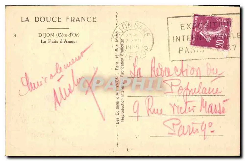 O Poço do Amor — Dijon (Côte d'Or) — Les Éditions d'Art Jvon - Verso