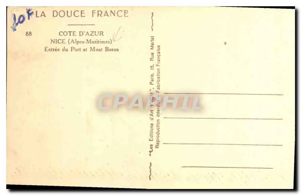 Nice - Entrada do Porto e Mont Boron — Edições d'Art Yvon, Paris - Verso