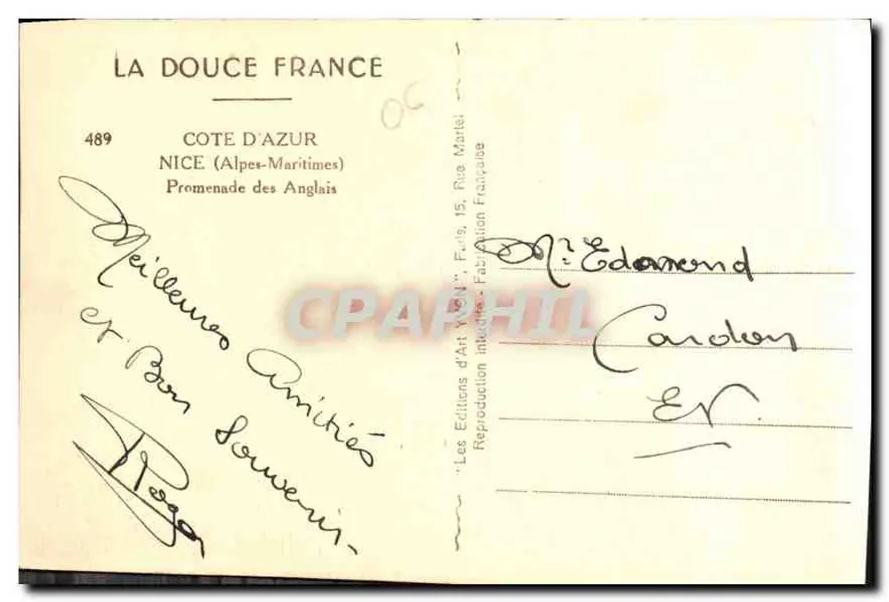 Nice — Promenade des Anglais — Les Éditions d'Art Yvan, Paris - Rückseite
