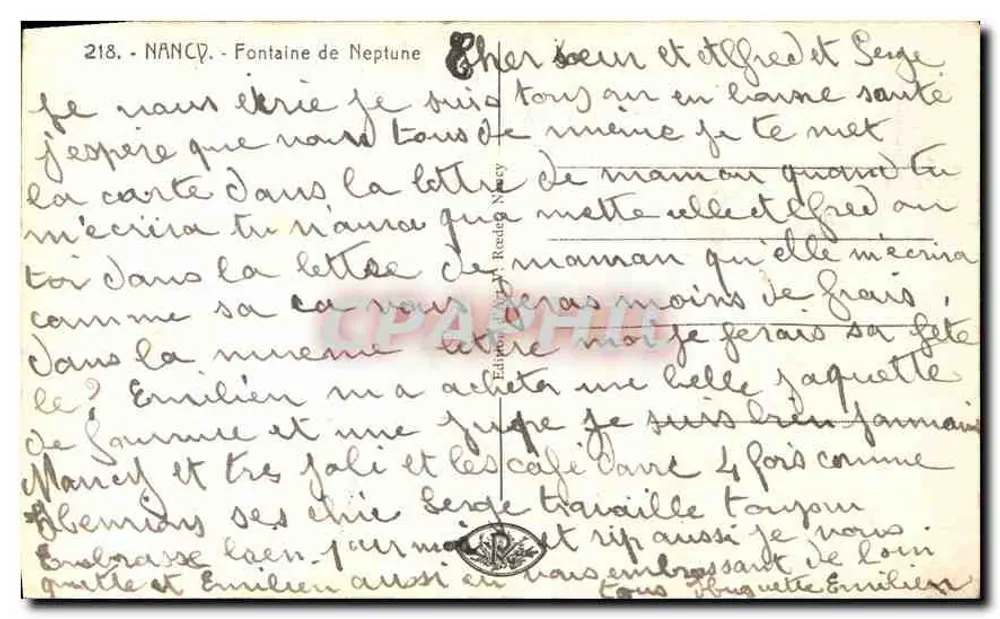 Nancy - Fontaine de Neptune — editor anônimo, n° 218 - Verso