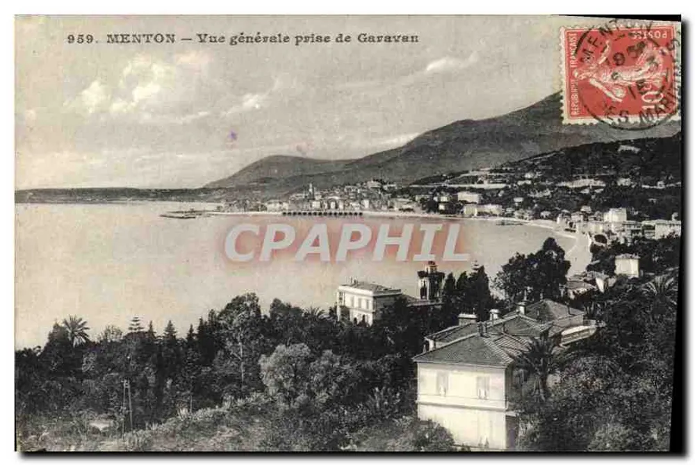 Menton — Vista geral tirada de Garavan — Bilhete postal antigo n°959 - Frente