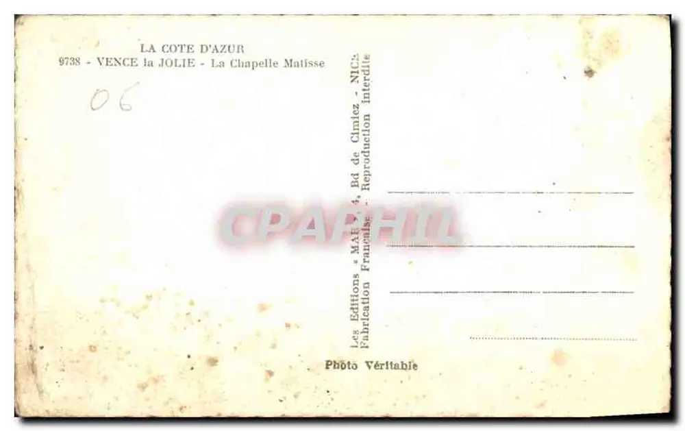 La Chapelle Matisse — Vence, La Côte d'Azur — Éditions Matisse - Rückseite