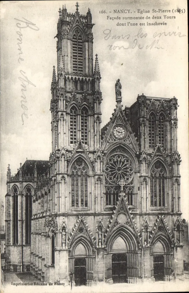 NANCY - Kirche St-Pierre (1885) — Fassade mit zwei Türmen, einer davon unvollendet — Imprimeries Réunies de Nancy, n° 166 - Vorderseite