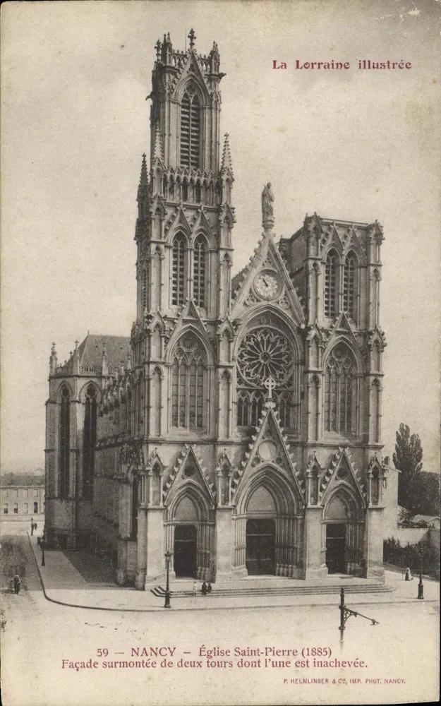 Nancy — Igreja de São Pedro — Fachada sobressalente com duas torres, uma das quais inacabada — P. Helnlinger & Cie, Imp. Phot. Nancy, n°59 - Frente