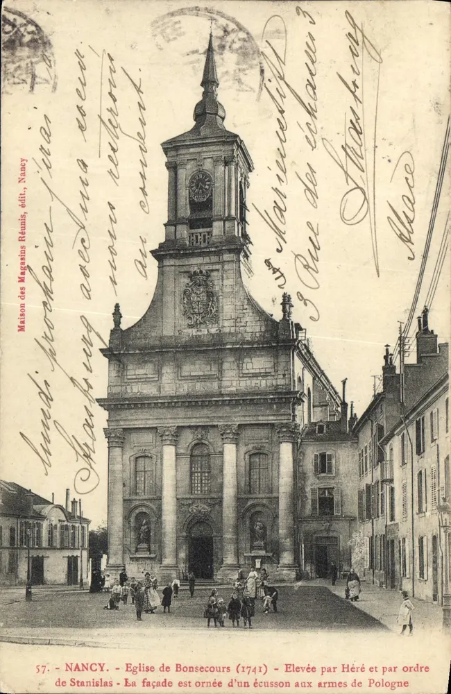 Nancy - Kirche von Bonsecours (1741) — Errichtet von Héré auf Auftrag Stanislas', Fassade mit Wappen der Polen — Maison des Magasins Réunis, Verlag, Nancy, Nr. 57 - Vorderseite