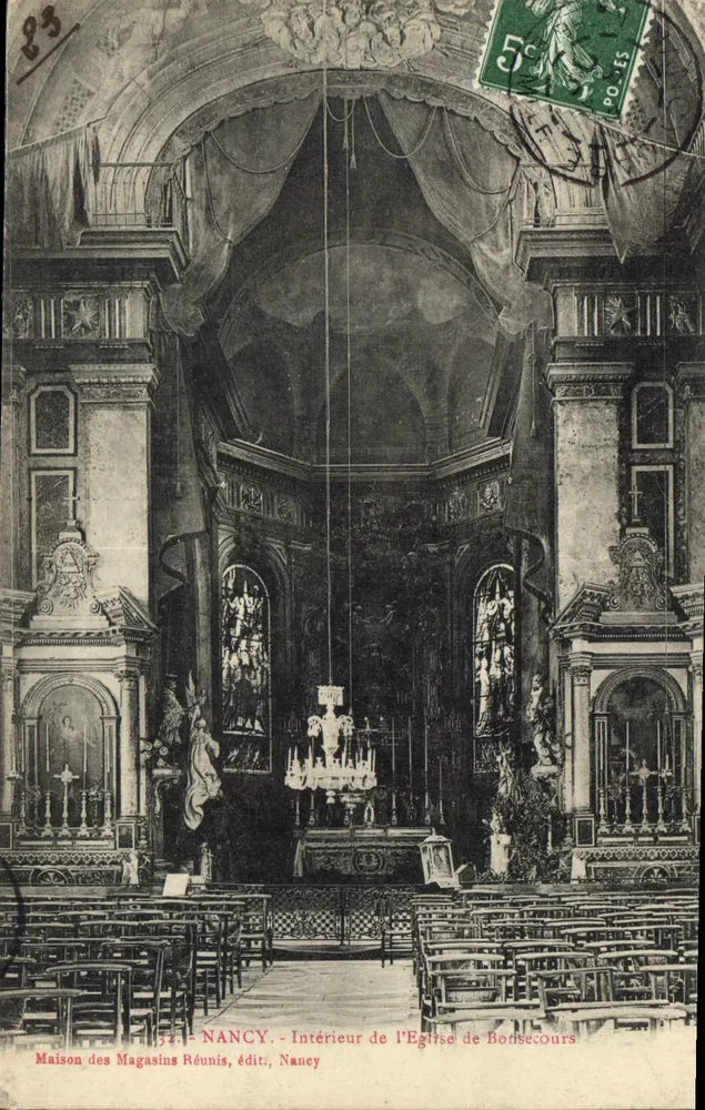 Nancy — Interior da Igreja de Bonsecours — Maison des Magasins Réunis, editor, Nancy - Frente