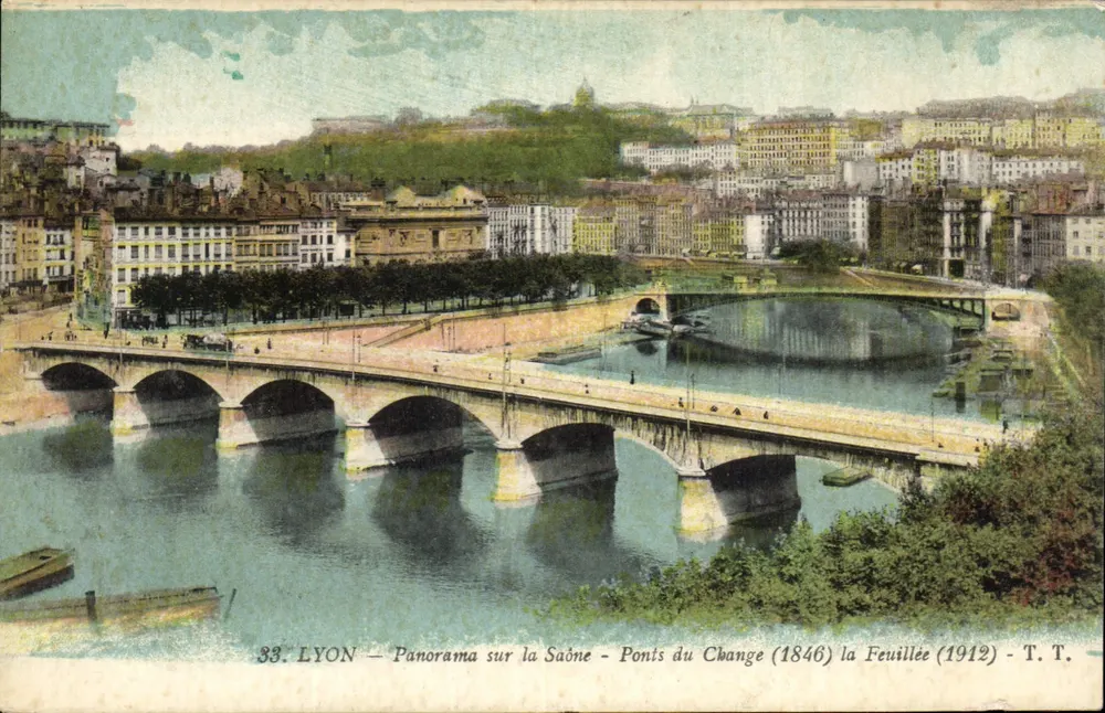 LYON — Panorama sobre a Saône — Pontes do Change (1846) a Feuillée (1912) — T. T. - Frente