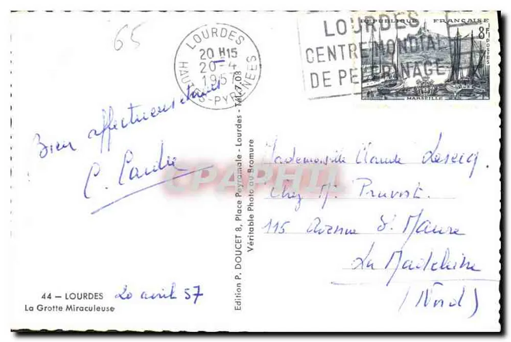 A Grotta Milagrosa — Lourdes — Edição P. Doucet, Place Peyramale, Lourdes - Verso