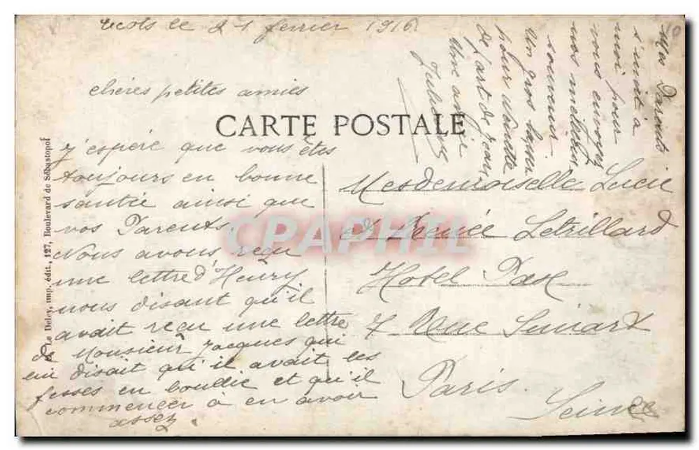 Irmã em vestido preto e véu branco — carta postal datada de 1916 — editor Deley, impr. 157, Boulevarde de Sebastopol - Verso