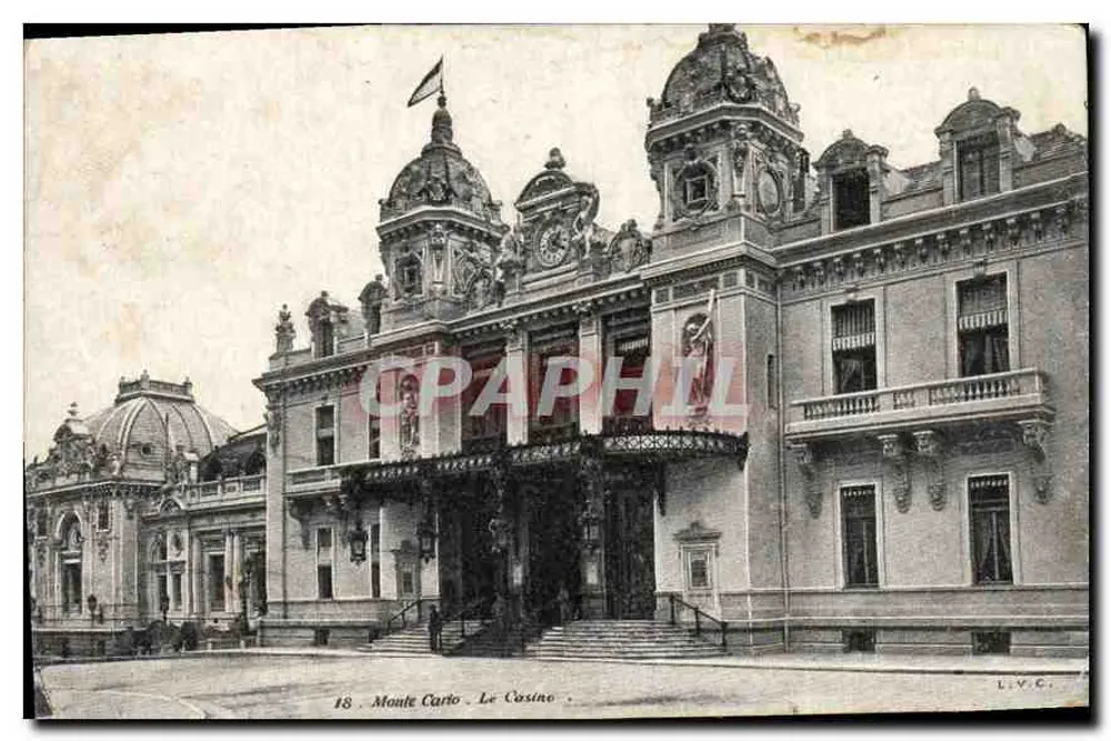 Monte Carlo - Le Casino — façade ornée de statues et d'un dôme, éditeur L.V.C. n°18 - Frente