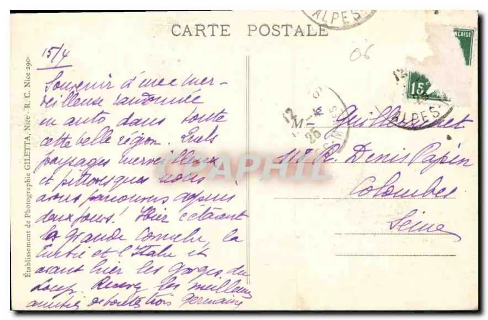 Rota da Grande Corniche — de NICE a MENTON — Estabelecimento de Fotografia GILETTA - Verso