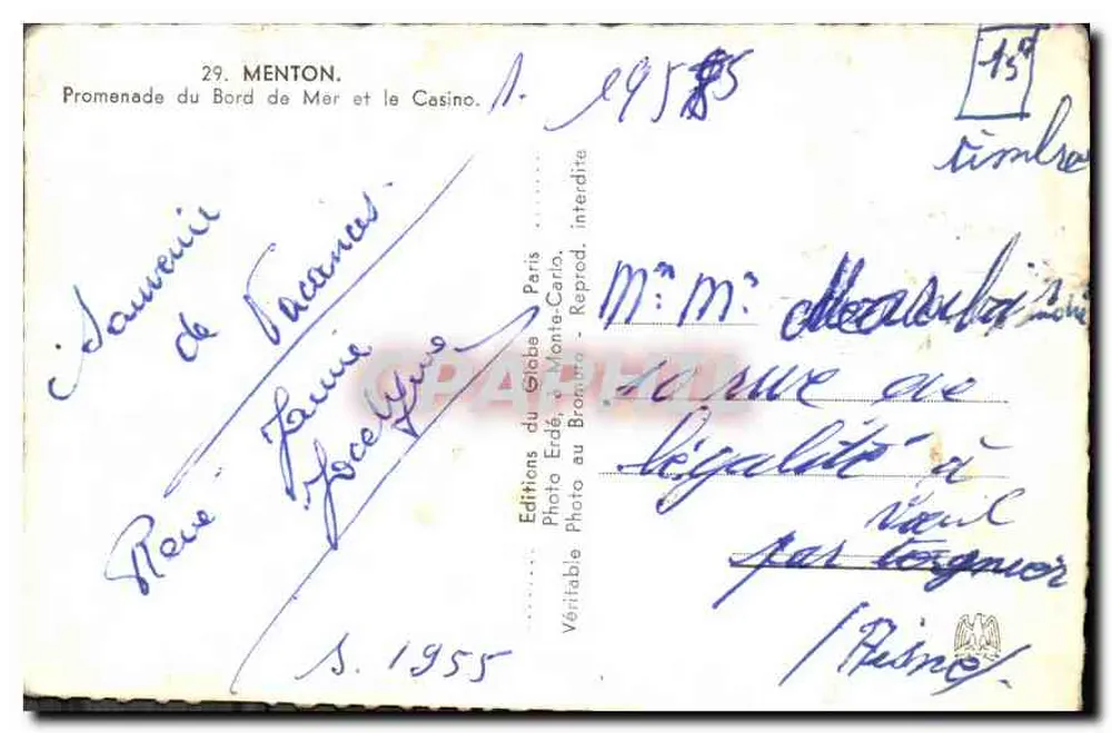 Menton — Promenade du Bord de Mer und das Casino — Éditions du Globe, Paris - Rückseite