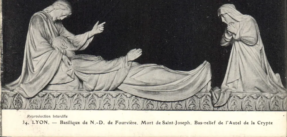 Tod des heiligen Joseph — Relief am Altar der Krypta — Basilika N.-D. de Fourvière, Lyon - Vorderseite