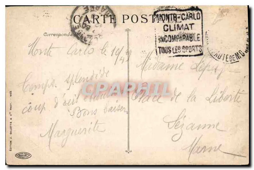 Monte-Carlo - Das Casino und die Gärten — Edition J. Gilletta & Cie, n°762 - Rückseite
