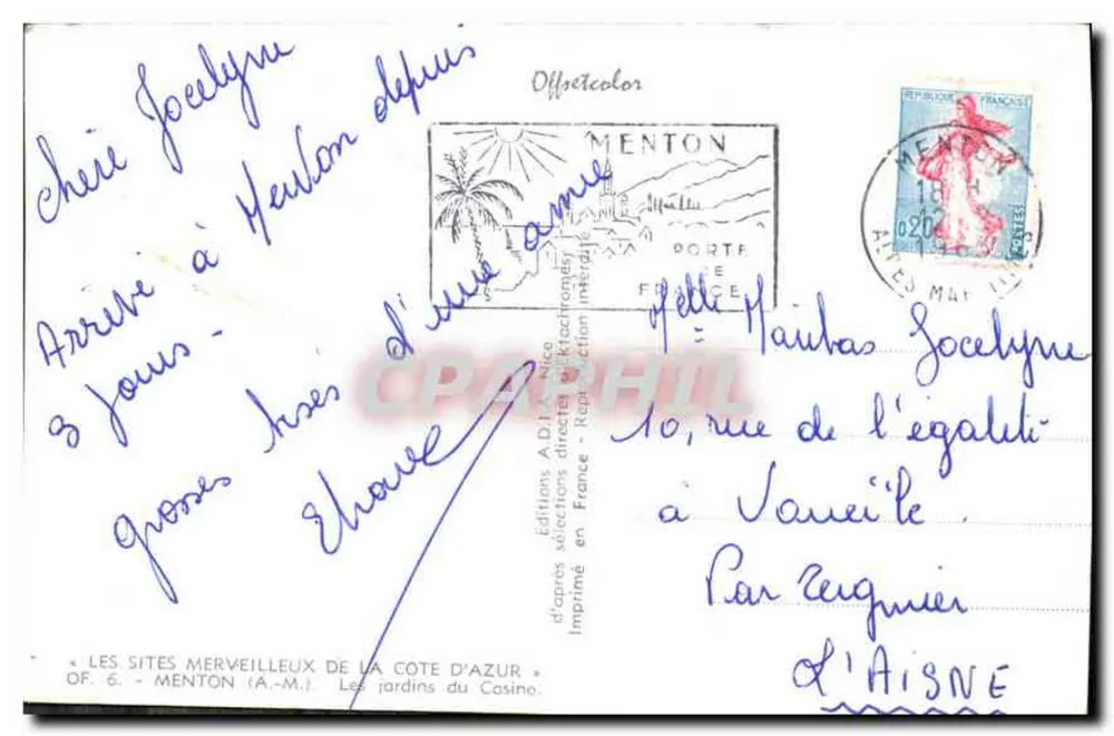 Gärten des Casinos — Menton — Verlag A.D.I.A. OF. 6 - Rückseite