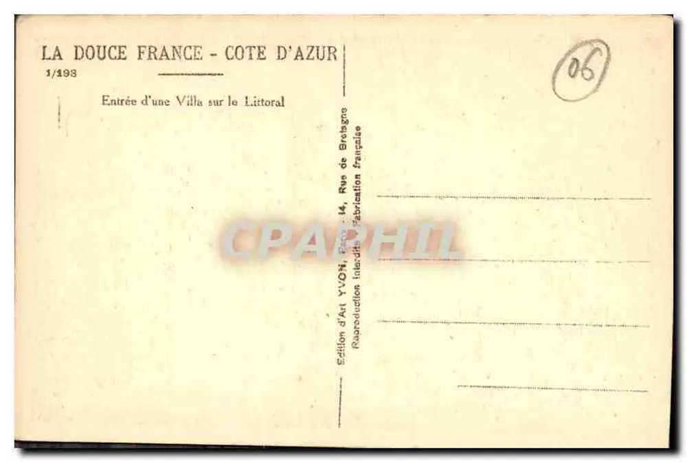 Eingang einer Villa am Ufer — La Douce France - Côte d'Azur — Kunstausgabe YVON, 1/193 - Rückseite