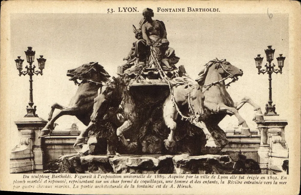 Lyon - Fontaine Bartholdi — escultura equestre do rio Rhône — édit. X. Gontugry, Lyon - Frente